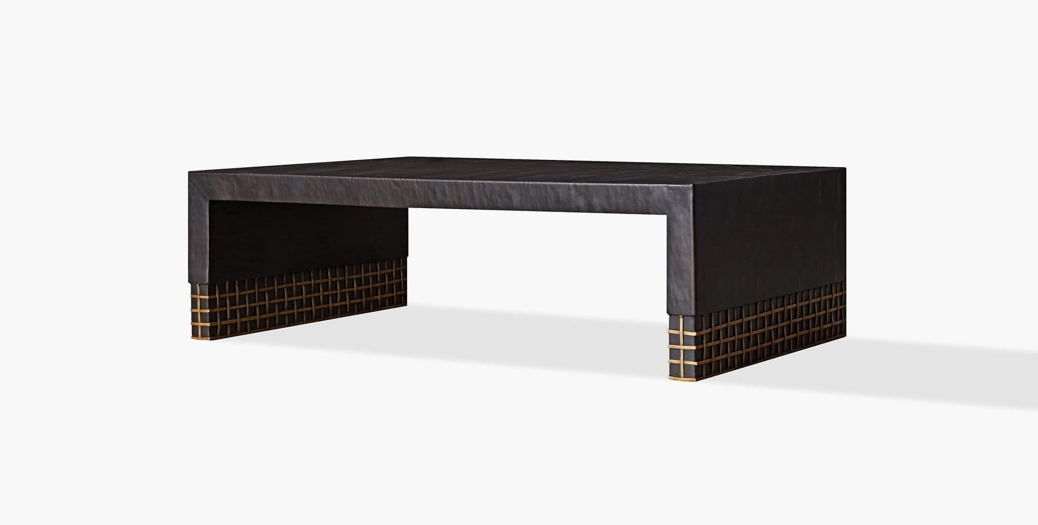 Our Crawford Coffee Table creates a stunning visual impact with its matte black iron frame contrasted against the open brass weave base detail. Our handcrafted finishes are inspired by variations within natural textures. Each selection is slightly