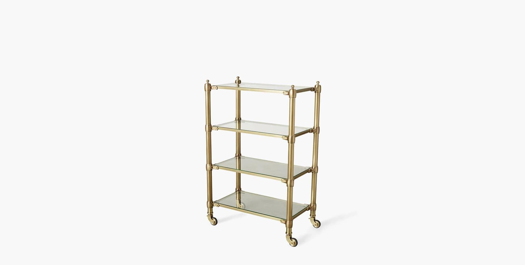 Our Laurel Etagere has a regal presence with glass shelves framed in nickel or brass, perfect for housing your favorite decorative pieces. Our handcrafted finishes are inspired by variations within natural textures. Each selection is slightly