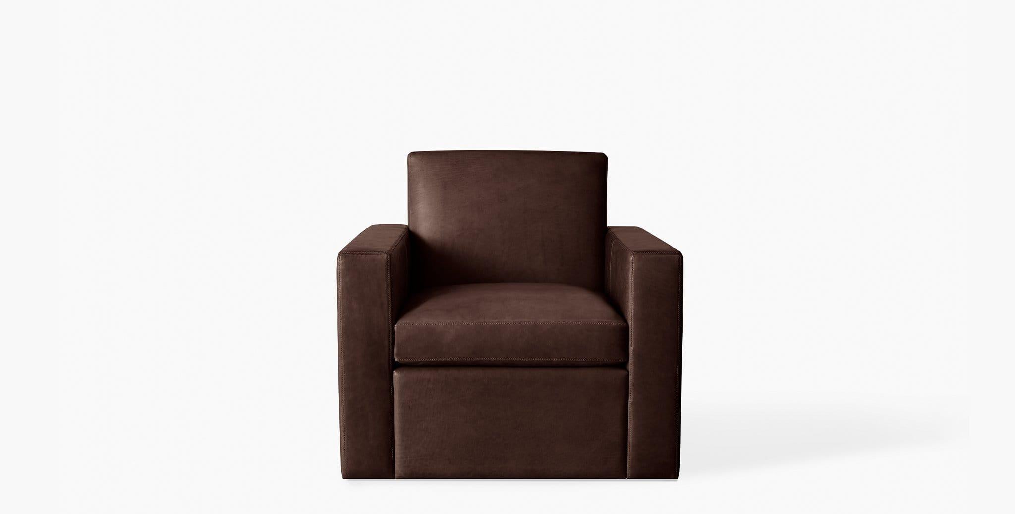 Our Noble Leather Swivel Chair's padded track arms, plush cushions and smooth swivel function creates a coveted seat for your home or office. Our handcrafted fabrics, leathers, and finishes are inspired by the natural variations within fibers,