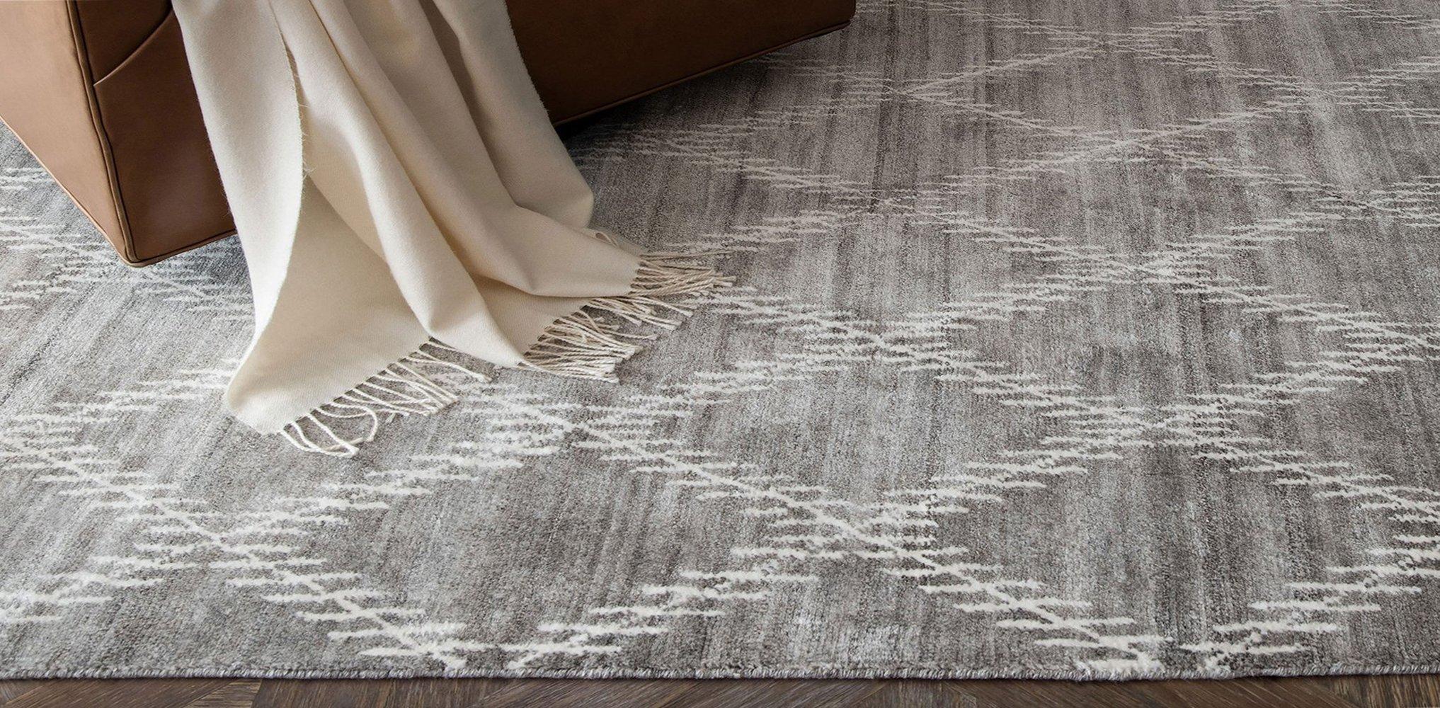 Indian Ben Soleimani Rama Rug– Hand-knotted Plush Viscose Fog 9'x12' For Sale