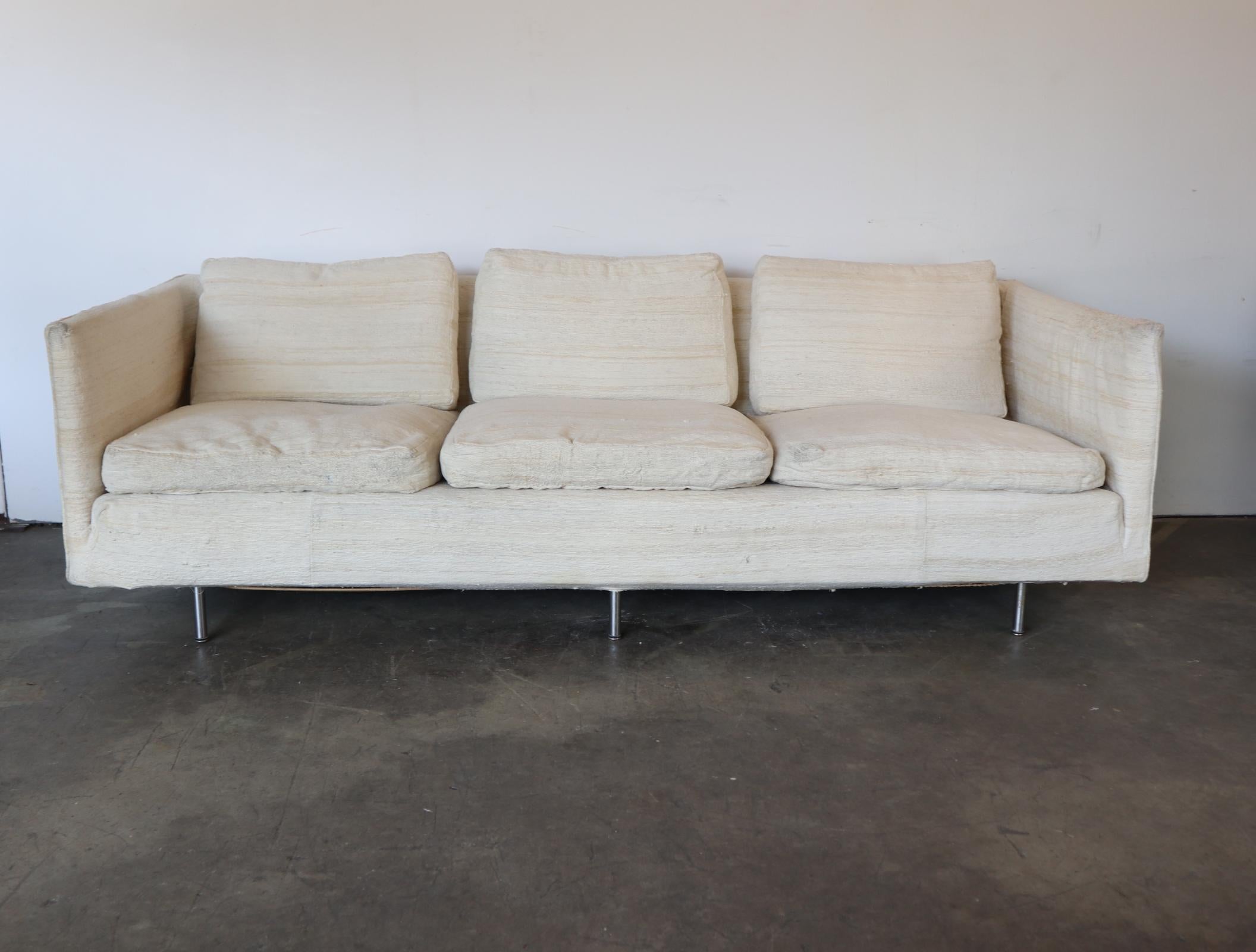 Gorgeous Mid-Century Modern sofa designed by Ben Thompson for Design Research. Purchased from the estate of abstract Expressionist painter in Manhattan, the sole owner. Made in the 1960s. Haitian cotton slip cover is removable. Very comfortable down