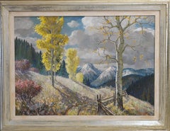 "Rocky Mountain Landscape" Painting with Aspens Forest Glacier Woodland Blue Sky