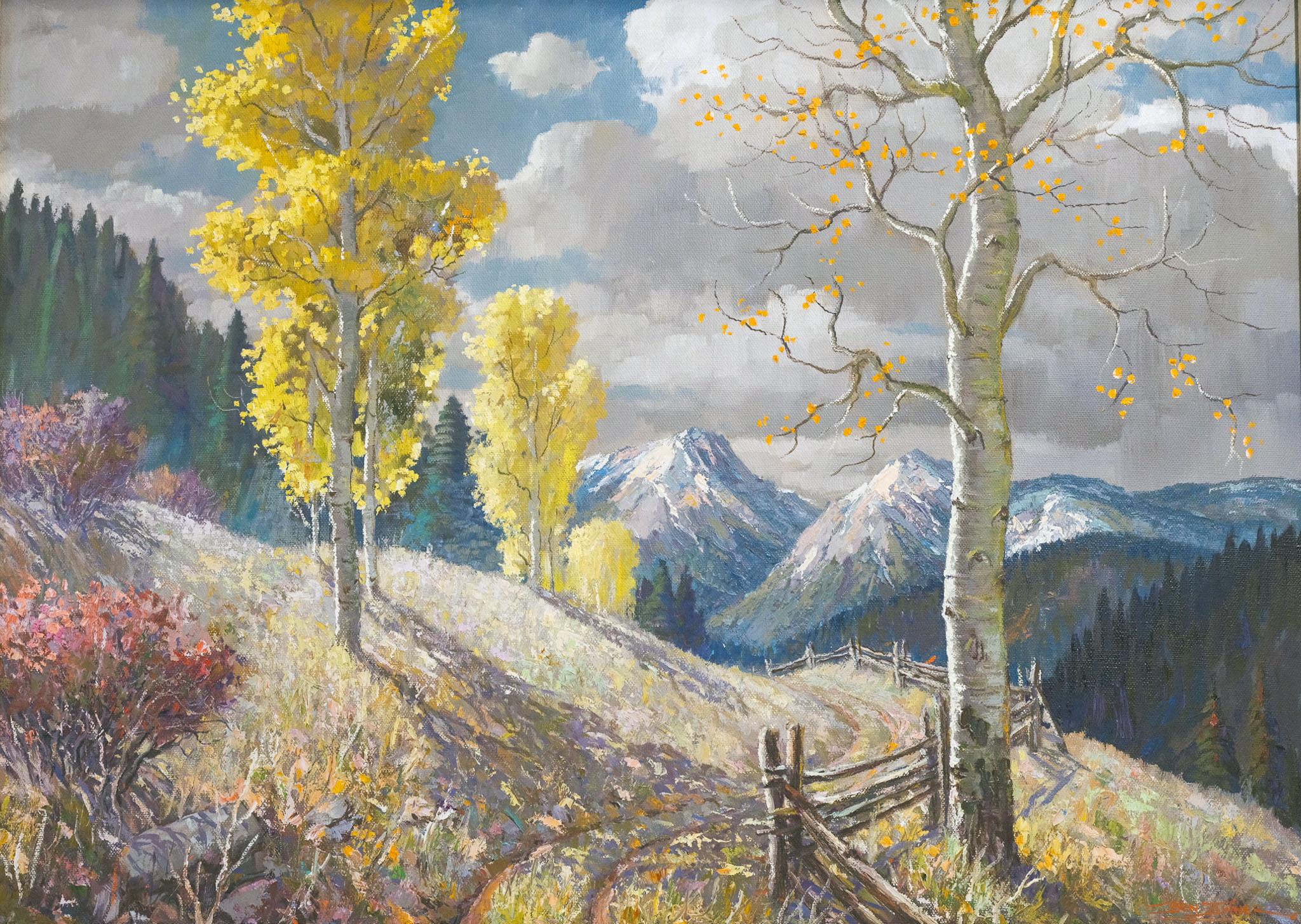 Ben Turner Landscape Painting - "Rocky Mountain Landscape" Painting with Aspens Forest Glacier Woodland Blue Sky
