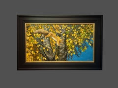 'Autumnal Acrobatics' Photorealist painting of a jumping squirrel, blue, orange