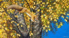 'Autumnal Acrobatics' Photorealist painting of a jumping squirrel, blue, orange