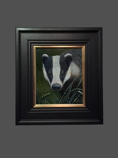 'Badger' Photorealist painting of a badger, black, white, green