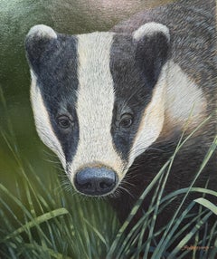 'Badger' Photorealist painting of a badger, black, white, green