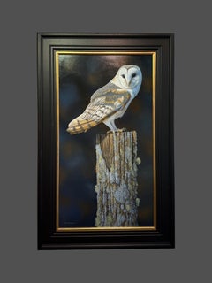 'Catching the Rays' Photorealist painting of an owl, amber, white, brown