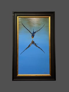'Energy Drink' Photorealist painting of a skimming swallow, blue