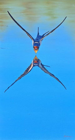 'Energy Drink' Photorealist painting of a skimming swallow, blue