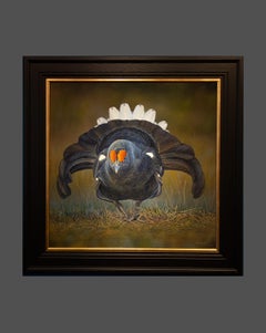 'Enter the Enforcer' Photorealist painting of a Black Grouse, brown, black, red