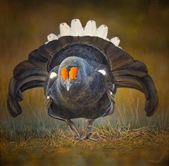 'Enter the Enforcer' Photorealist painting of a Black Grouse, brown, black, red