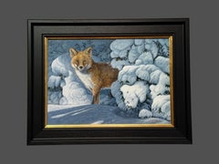 'Ice & Fire' Photorealist painting of Fox in the snow, red, white, blue