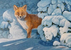 'Ice & Fire' Photorealist painting of Fox in the snow, red, white, blue