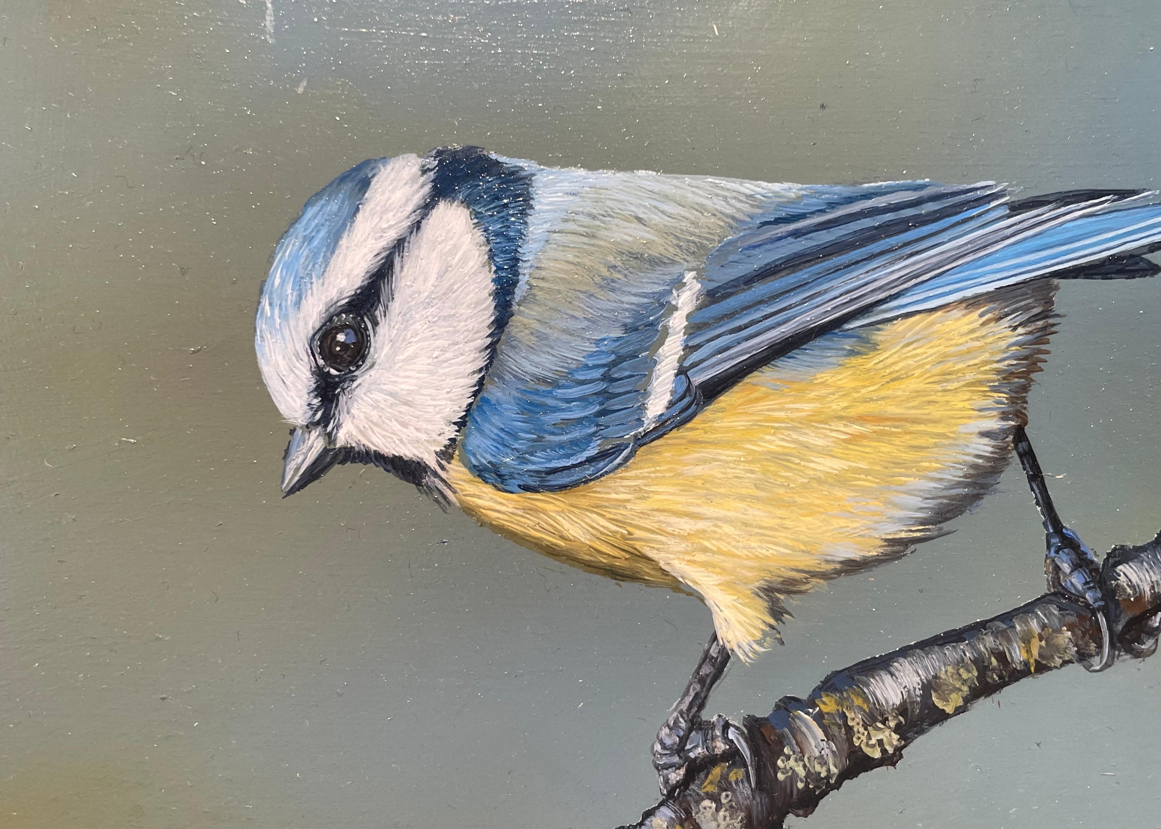 'Promise of Spring' Contemporary Painting of a blue tit bird on a branch, yellow For Sale 1