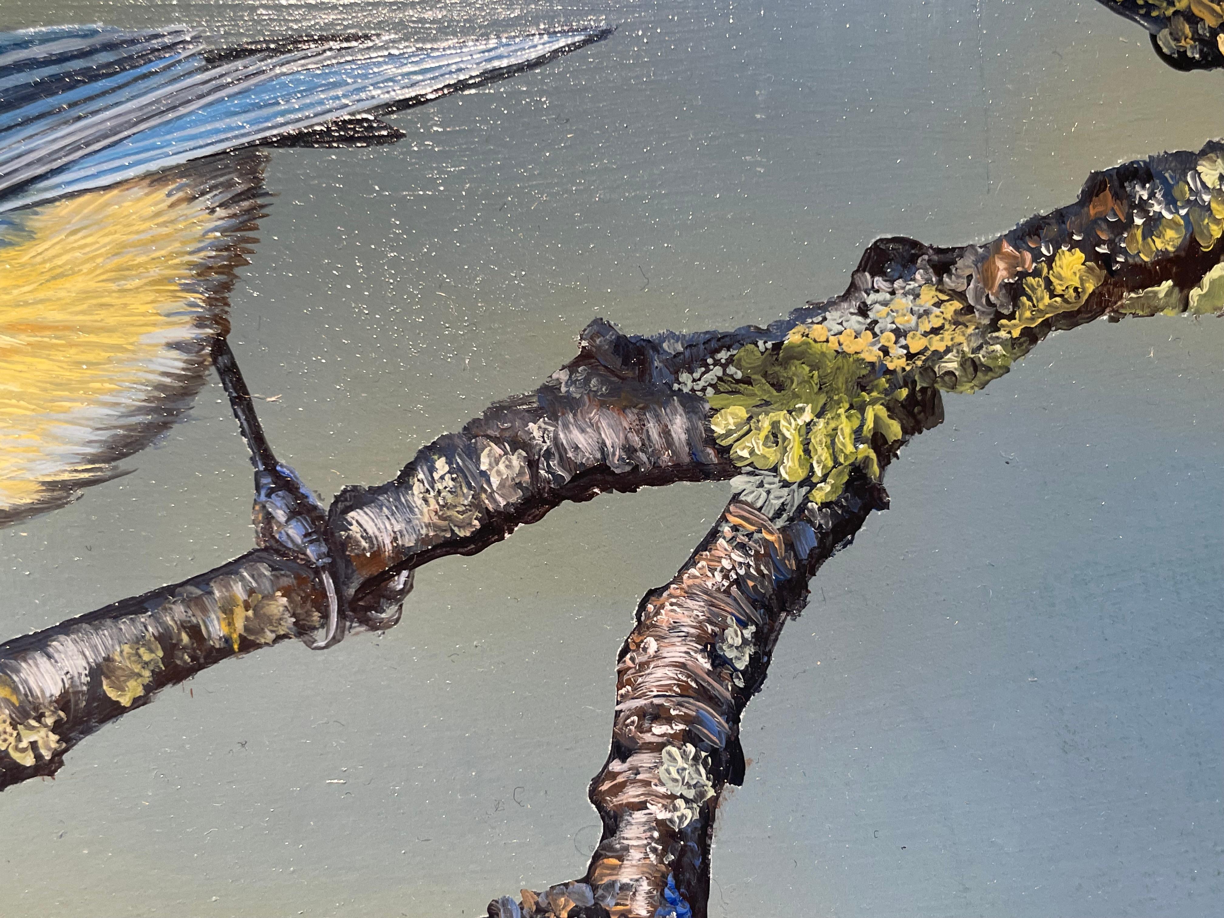 'Promise of Spring' Contemporary Painting of a blue tit bird on a branch, yellow For Sale 3