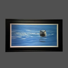 'Reflections' Photorealist painting of an otter surfacing, blue, white, grey