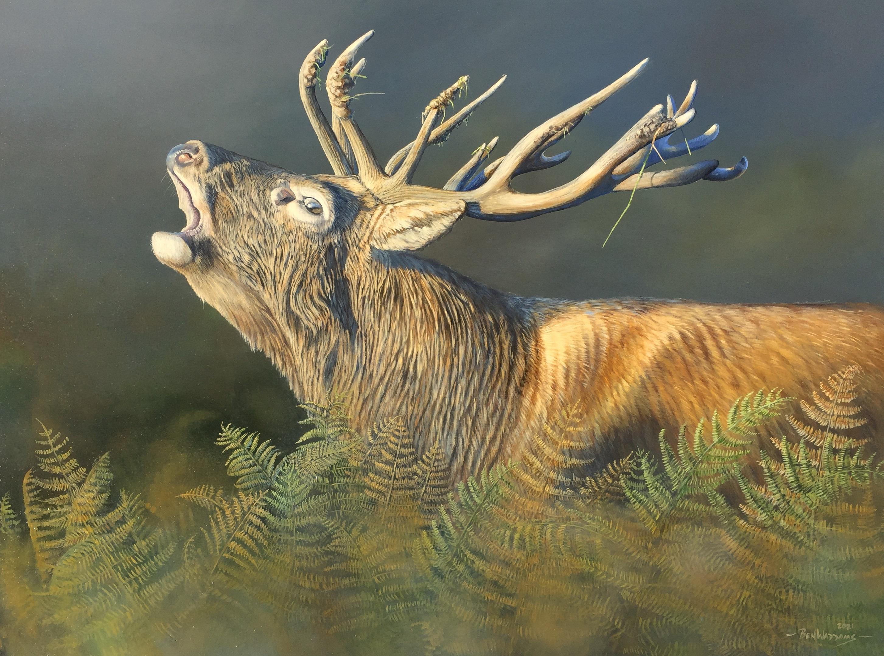 Animal Painting Ben Waddams  - Peinture photoréaliste « Shattering Dawn » d'un cerf dans une verdure boisée 
