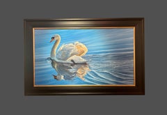 'Swan Lake' Photorealist painting of a Swan through water, white, blue