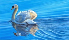 'Swan Lake' Photorealist painting of a Swan through water, white, blue