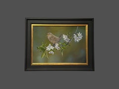 «Las alegrías de la primavera»: pintura fotorrealista de un chochín cantando, en tonos verdes y marrones
