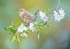 «Las alegrías de la primavera»: pintura fotorrealista de un chochín cantando, en tonos verdes y marrones