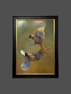 'The Pheasant Revolt' Photorealist painting two pheasants fighting, amber, green