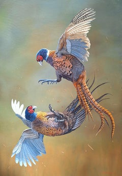 'The Pheasant Revolt' Photorealist painting two pheasants fighting, amber, green