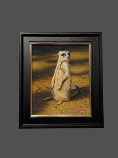 «El adorador del sol»: pintura fotorrealista de una suricata, en tonos amarillos y ámbar