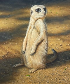 «El adorador del sol»: pintura fotorrealista de una suricata, en tonos amarillos y ámbar