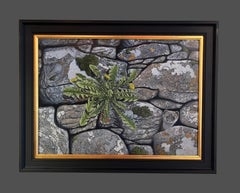 'Wallflower' Photorealist painting of Stoat peeking out of a wall, grey, green