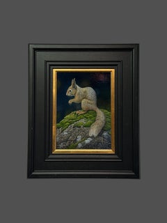 'Woodland Picnic' Photorealist painting of a red squirrel, navy, green