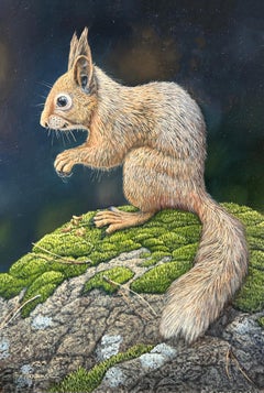 'Woodland Picnic' Photorealist painting of a red squirrel, navy, green