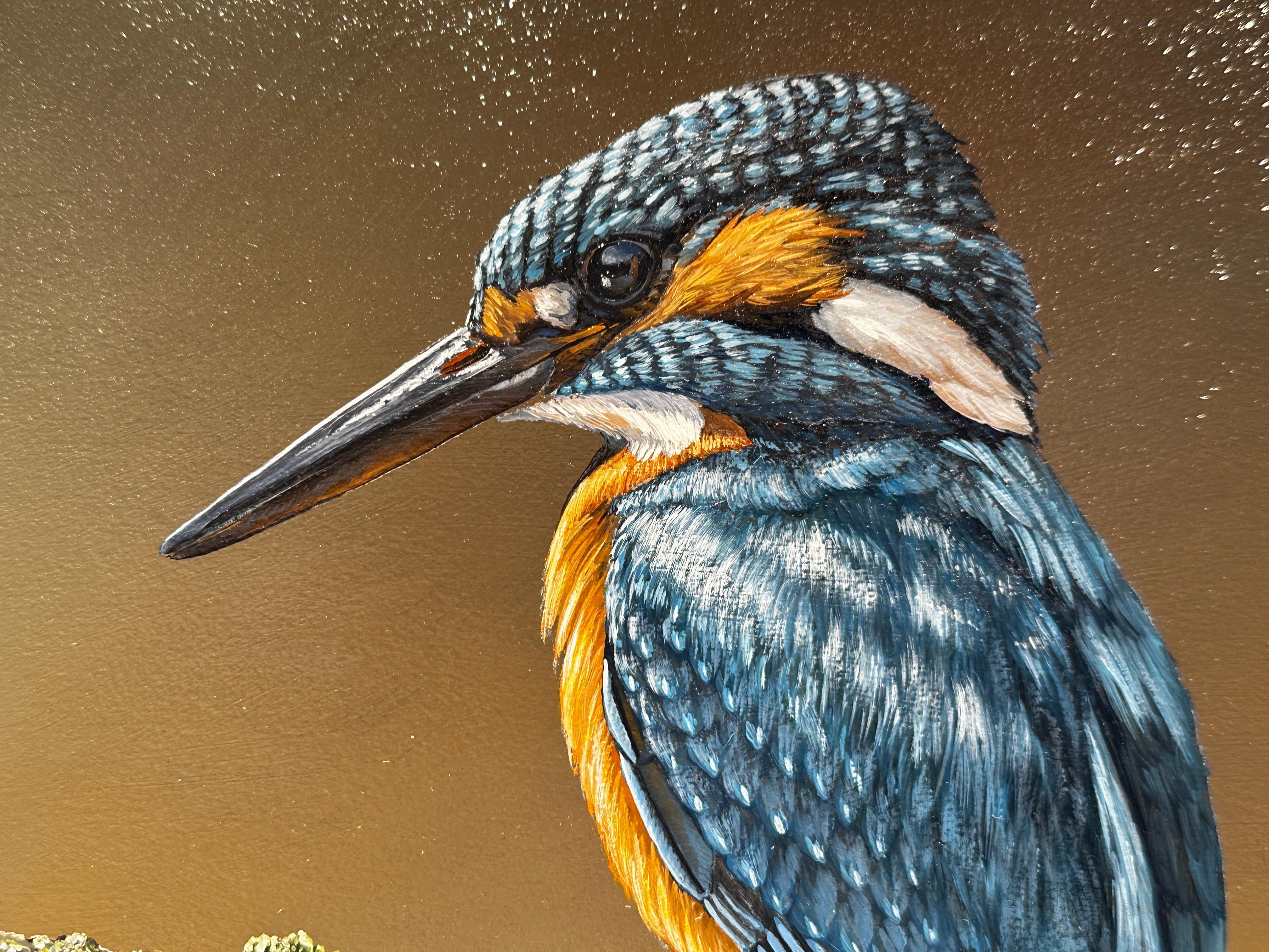 'A Moment rest' Photorealist painting of a Kingfisher in the wild, blue, orange - Painting by Ben Waddams