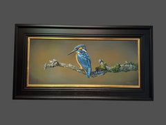 "Un attimo di riposo" - Dipinto fotorealista di un Kingfisher in natura, blu, arancione