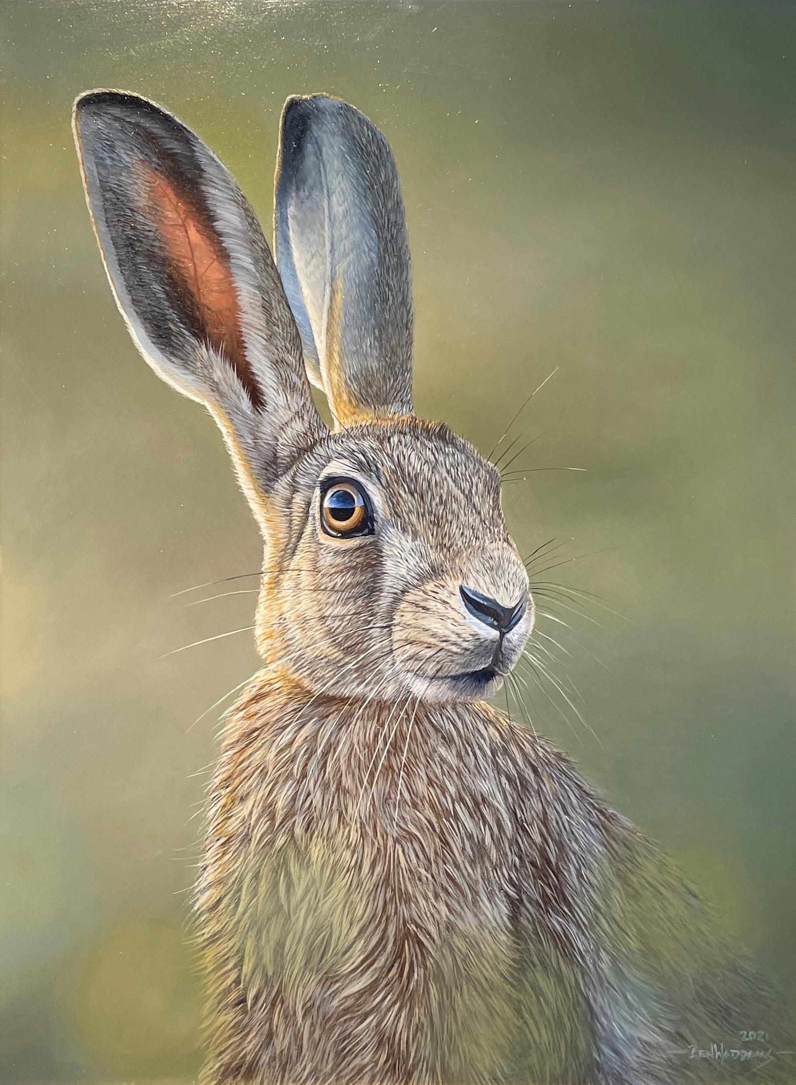 'Alert Hare' Contemporary photorealist painting of a hare in wildlife, green - Painting by Ben Waddams