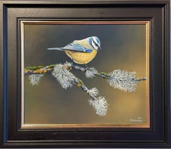 'Balancing Act' Peinture photoréaliste contemporaine d'un oiseau mésange bleue dans la nature