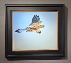 'Bird of Prey' Realist painting of  a bird hunting. Highly details, blue, brown