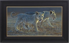 'Brave New World' Photorealist painting of African Lion Cubs in the wild 