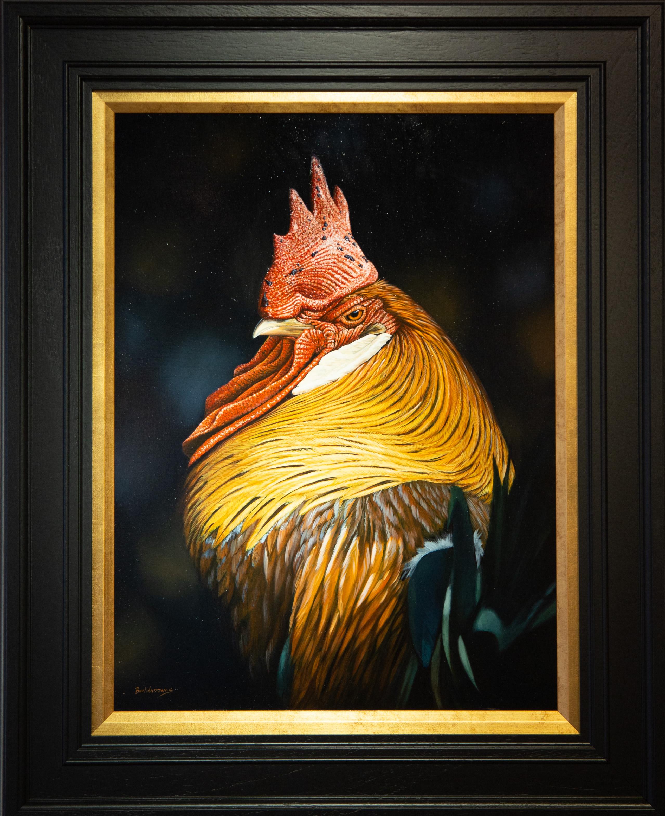 'Cockerel' Photorealist painting fo a colourful bird, red, orange, green, black - Painting by Ben Waddams