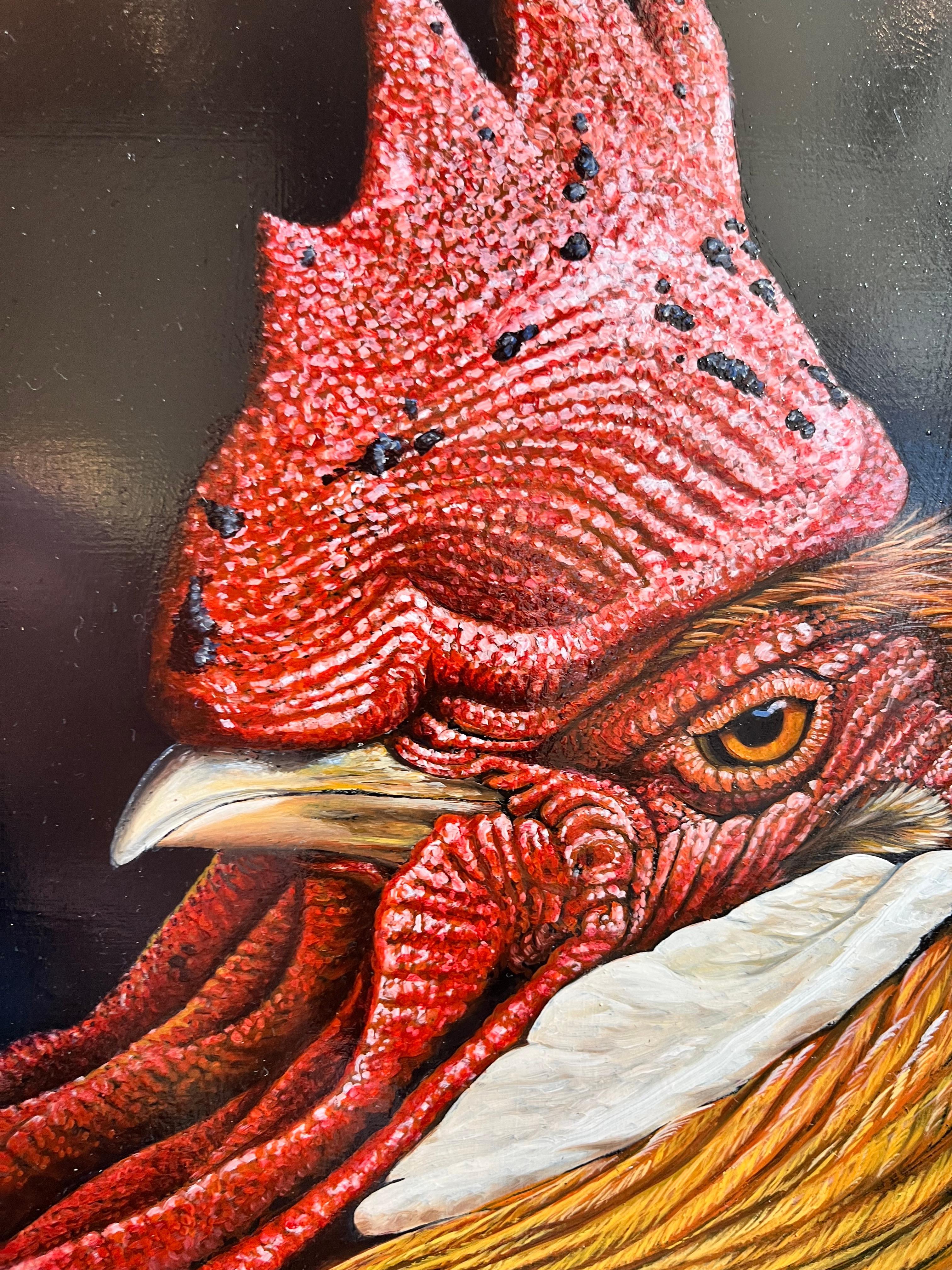 'Cockerel' Photorealist painting fo a colourful bird, red, orange, green, black - Black Animal Painting by Ben Waddams