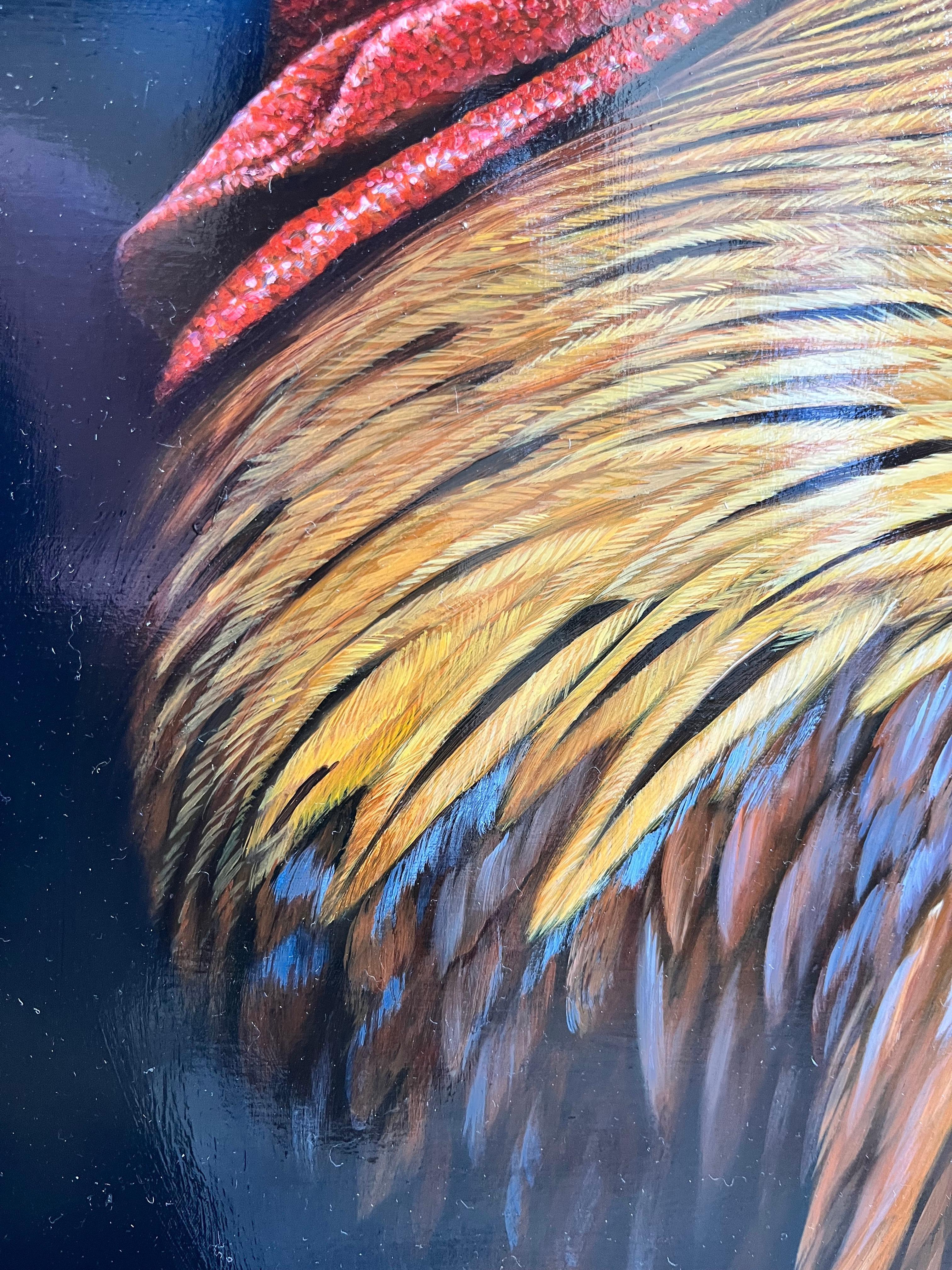 ''Cockerel'' by Ben Waddams is a Contemporary Realist Wildlife oil painting of a large cockerel standing regal. Colourful bright and bold, a work that would stand out in any interior setting.  

Ben Waddams is a British wildlife artist living and