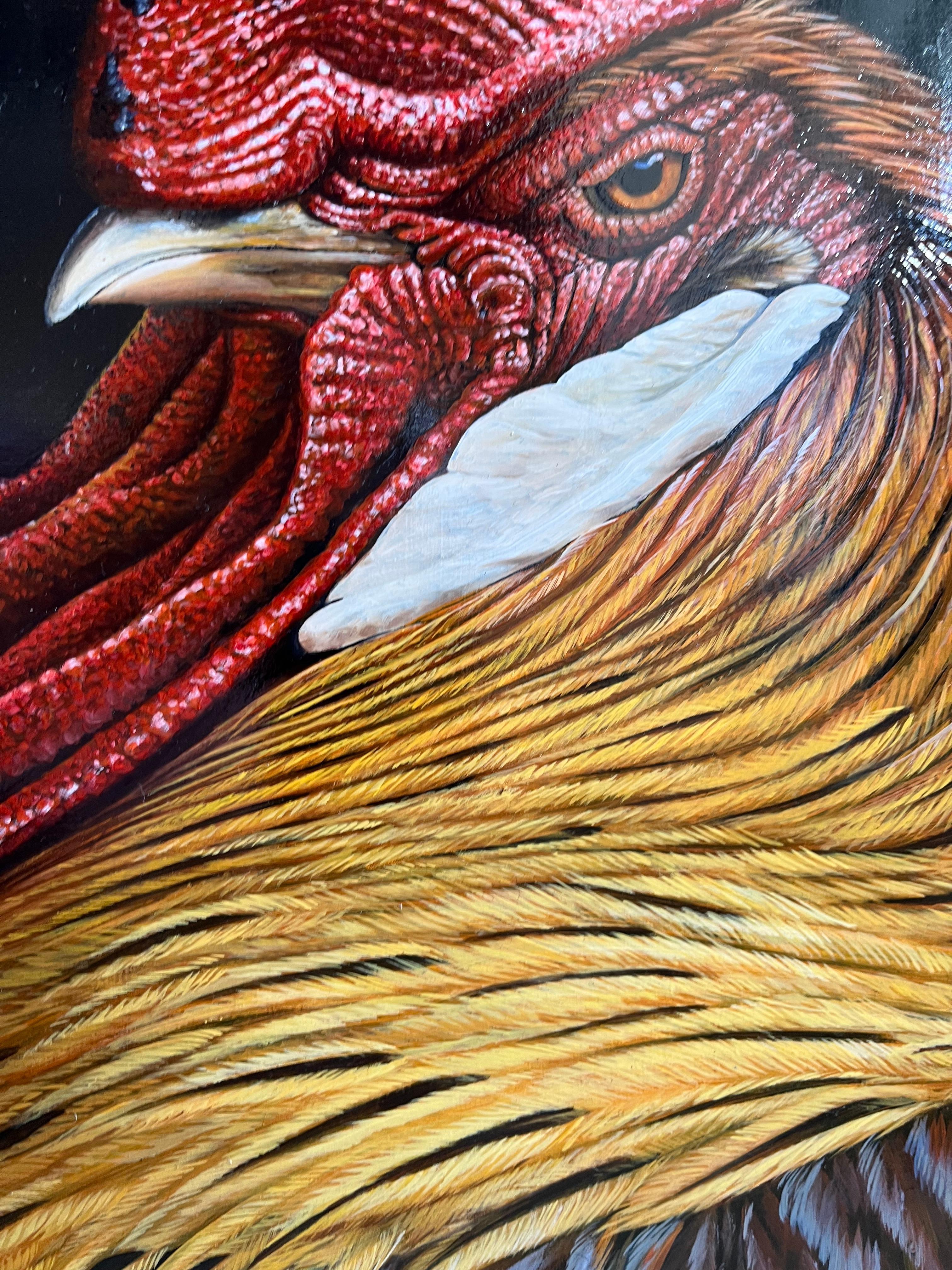 'Cockerel' Photorealist painting fo a colourful bird, red, orange, green, black For Sale 2