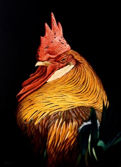 'Cockerel' Photorealist painting fo a colourful bird, red, orange, green, black