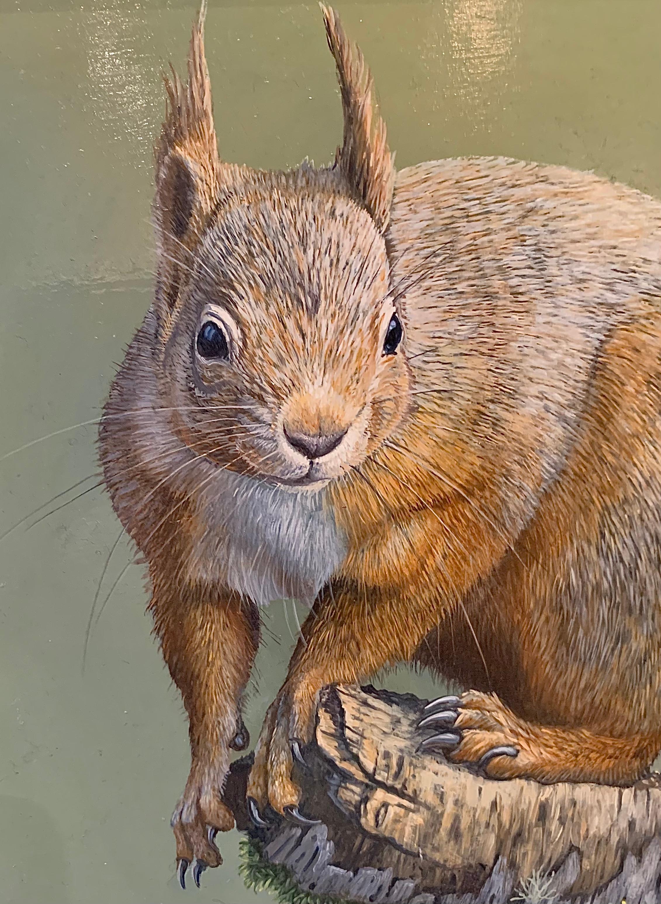 The End of the Road Fotorealistisches Gemälde eines roten Eichhörnchens auf einem Ast, grün (Fotorealismus), Painting, von Ben Waddams