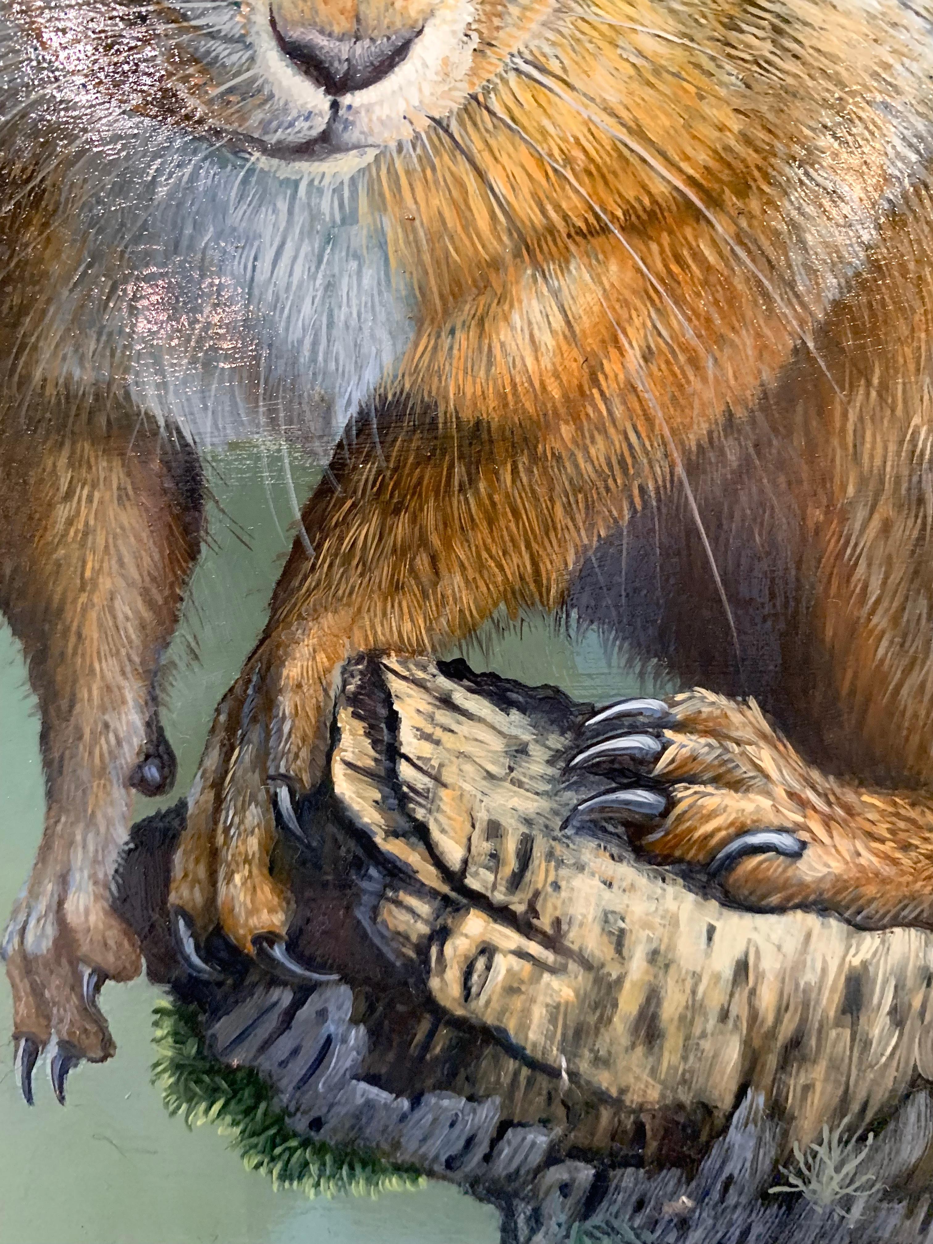 The End of the Road Fotorealistisches Gemälde eines roten Eichhörnchens auf einem Ast, grün im Angebot 2