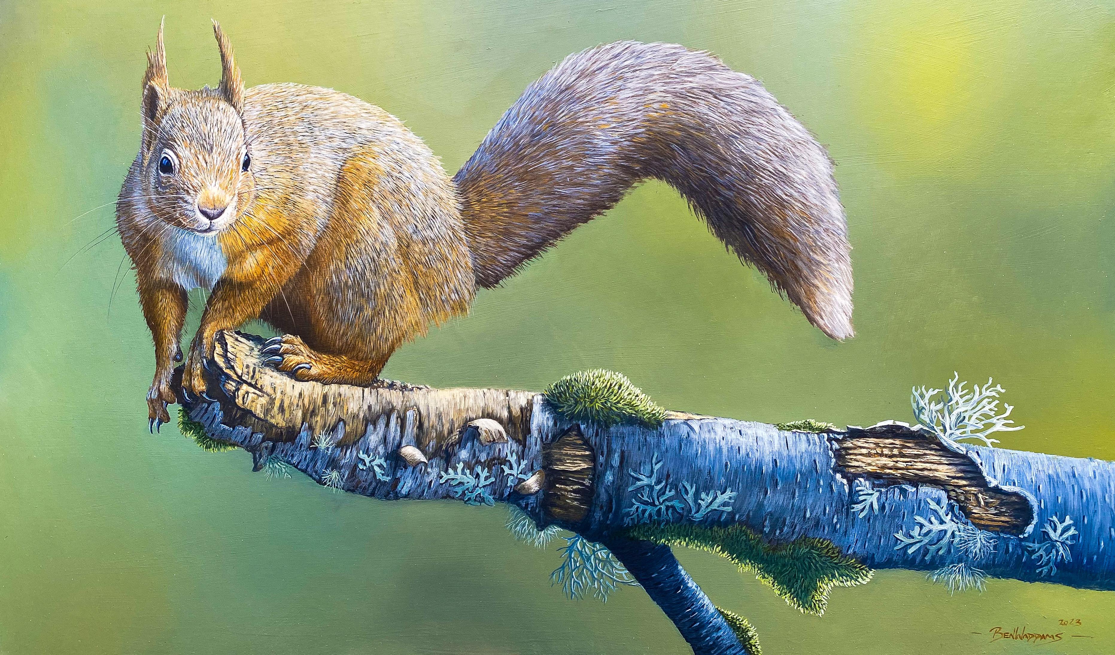 Ben Waddams Animal Painting – The End of the Road Fotorealistisches Gemälde eines roten Eichhörnchens auf einem Ast, grün