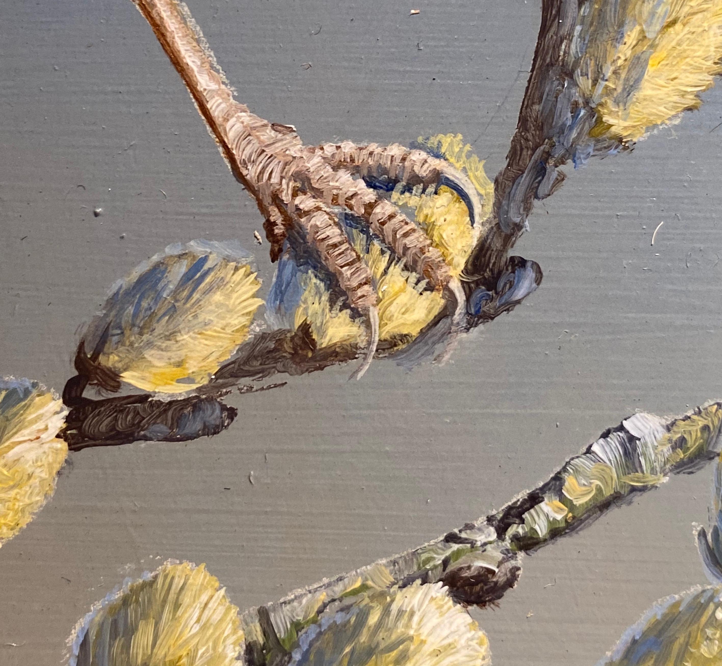 'Ever the Optimist' by Ben Waddams is a Contemporary Realist Wildlife oil painting of an English Wren in the wild on a branch. With a contrasting blue background and incredible detail. 

Ben Waddams is a British wildlife artist living and working in