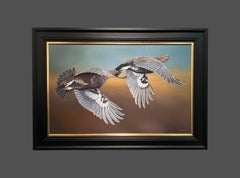 'Flying Grouse' Photorealist painting of Grouse, orange, grey
