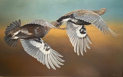 'Flying Grouse' Photorealist painting of Grouse, orange, grey